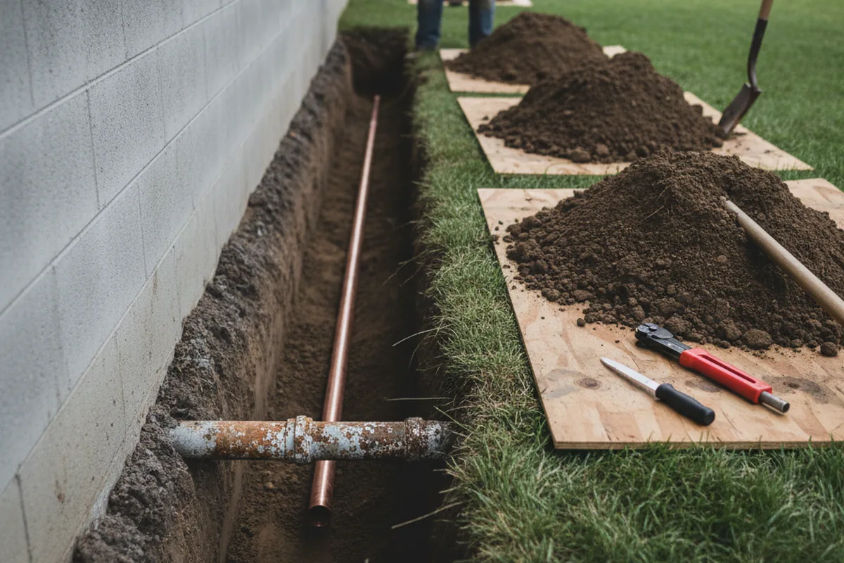 Excavated water line trench during Water Softener Installation in Derby